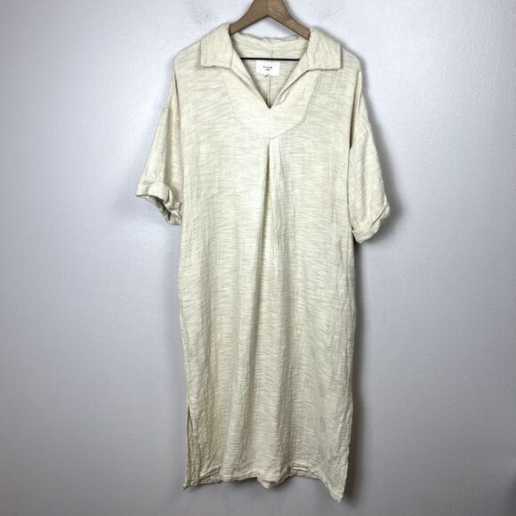 AMENTE Lagenlook Midi Dress Size M/L‎ Linen Cotton Oatmeal Beige Relaxed Pockets - Picture 1 of 11